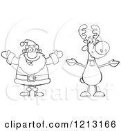 Cartoon Of An Outlined Happy Santa And Reindeer Royalty Free Vector Clipart