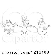 Poster, Art Print Of Outlined Happy Santa Snowman And Reindeer