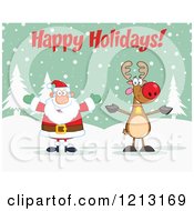 Cartoon Of A Happy Santa And Reindeer Under Happy Holidays Text Royalty Free Vector Clipart by Hit Toon
