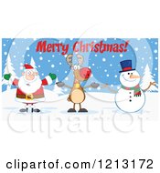 Poster, Art Print Of Happy Santa Snowman And Reindeer With Merry Christmas Text