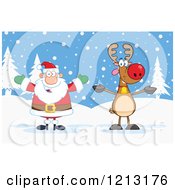 Poster, Art Print Of Happy Santa And Reindeer In The Snow