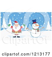 Poster, Art Print Of Happy Santa And Snowman Outdoors