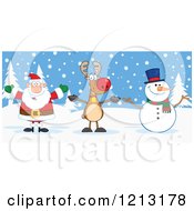 Poster, Art Print Of Happy Santa Snowman And Reindeer Outdoors