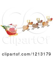 Cartoon Of A Waving Santa Flying A Magic Christmas Sleigh Royalty Free Vector Clipart