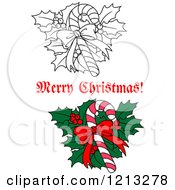 Clipart Of A Merry Christmas Greeting And Holly With A Candy Cane Royalty Free Vector Illustration