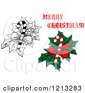 Clipart Of A Merry Christmas Greeting And Holly And Candy Canes Royalty Free Vector Illustration