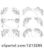 Clipart Of Black And White Christmas Holly Ornament And Bell Borders Royalty Free Vector Illustration