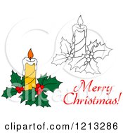 Clipart Of A Merry Christmas Greeting With A Candle And Holly Royalty Free Vector Illustration