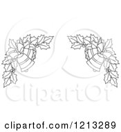 Clipart Of A Black And White Christmas Holly And Bells Border 3 Royalty Free Vector Illustration by Vector Tradition SM