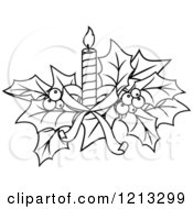 Clipart Of Black And White Christmas Holly And A Candle Royalty Free Vector Illustration
