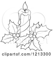 Clipart Of A Black And White Christmas Candle And Holly Royalty Free Vector Illustration
