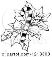 Clipart Of A Black And White Candy Cane With Christmas Holly Royalty Free Vector Illustration
