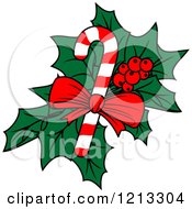 Clipart Of Christmas Holly With A Candy Cane Royalty Free Vector Illustration by Vector Tradition SM