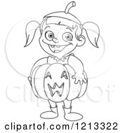 Poster, Art Print Of Outlined Cute Halloween Girl Wearing A Jackolantern Pumpkin Costume