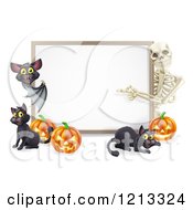 Poster, Art Print Of Skeleton And Bat Pointing To A Halloween Sign With Black Cats And Pumpkins
