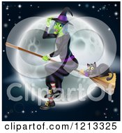 Poster, Art Print Of Green Halloween Witch Flying With A Cat On A Broomstick Over A Full Moon