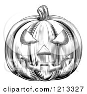 Clipart Of A Black And White Halloween Woodcut Jackolantern Pumpkin Royalty Free Vector Illustration by AtStockIllustration