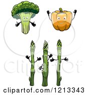 Clipart Of Broccoli Orange Bell Pepper And Asparagus Mascots Royalty Free Vector Illustration