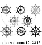 Clipart Of Black And White Ship Steering Wheel Helms Royalty Free Vector Illustration