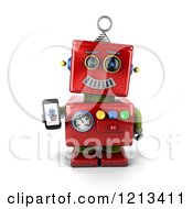 Poster, Art Print Of 3d Red Vintage Robot Holding A Smart Phone With A Picture On The Screen