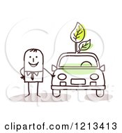 Poster, Art Print Of Stick People Man Standing By A Green Car With Leaves