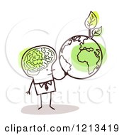 Poster, Art Print Of Stick People Man With A Visible Brain Holding An Earth With Leaves