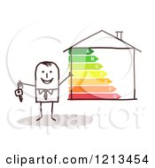 Poster, Art Print Of Happy Stick People Man Holding A Key By An Energy Efficient Home