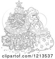 Poster, Art Print Of Outlined Santa Taking Gifts From His Sack And Putting Them Under A Christmas Tree