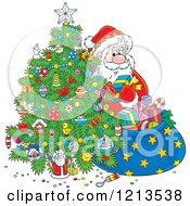 Poster, Art Print Of Santa Taking Gifts From His Sack And Putting Them Under A Christmas Tree