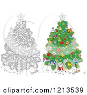 Cartoon Of An Outlined And Colored Christmas Tree With Various Ornaments Royalty Free Vector Clipart