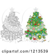 Poster, Art Print Of Outlined And Colored Christmas Tree With Various Ornaments