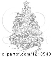 Cartoon Of An Outlined Christmas Tree With Various Ornaments Royalty Free Vector Clipart