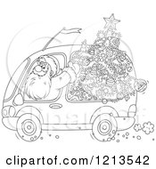 Cartoon Of An Outlined Santa Waving And Driving A Car With A Christmas Tree Inside Royalty Free Vector Clipart