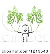 Stick People Man Holding Up Two Hands With Leafy Fingers