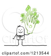 Poster, Art Print Of Stick People Business Man Holding Up A Recycle Hand With Leaves