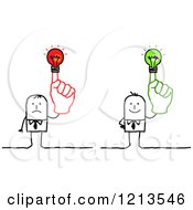 Poster, Art Print Of Stick People Business Men Holding Up Red And Green Lightbulb Fingers