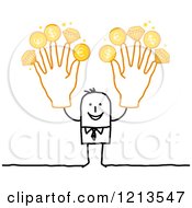 Stick People Business Man Holding Up Rich Fingers With Gold Coins And Diamonds
