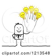 Poster, Art Print Of Stick People Business Man Holding Up A Bright Light Bulb Hand