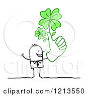 Poster, Art Print Of Stick People Business Man Holding A Thumb Up With Lucky Shamrocks