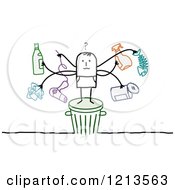 Poster, Art Print Of Stick People Man Standing On A Trash Bin With Recyclable Items