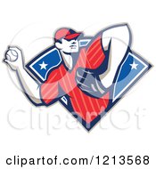 Retro Baseball Player Pitching Over A Blue Starry Design