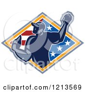 Poster, Art Print Of Retro Baseball Player Pitching Over An American Flag Diamond