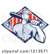 Poster, Art Print Of Retro Baseball Player Carrying A Bat On His Shoulder Over An American Diamond
