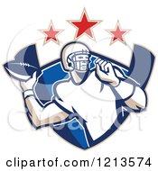 Clipart Of An American Football Player Gridiron Quarterback Throwing A Ball Over A Shield Under Stars Royalty Free Vector Illustration