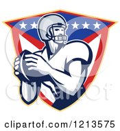 Clipart Of An American Football Quarterback Throwing A Ball Over A Shield With Stars And Stripes Royalty Free Vector Illustration