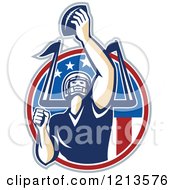 American Football Player Quarterback Holding Up A Ball Over A Goal Post And American Flag Circle