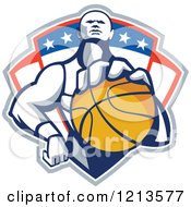 Poster, Art Print Of Retro Basketball Player Holding A Ball Over A Patriotic Shield