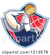 Poster, Art Print Of Retro Basketball Player Holding A Ball Over His Head In A Shield