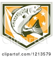 Clipart Of A Retro Leaping Trout Fish Over A Shield With Stars And Stripes On Orange Royalty Free Vector Illustration