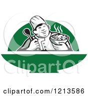 Poster, Art Print Of Retro Chef Holding A Bowl Of Hot Noodle Soup Over Green